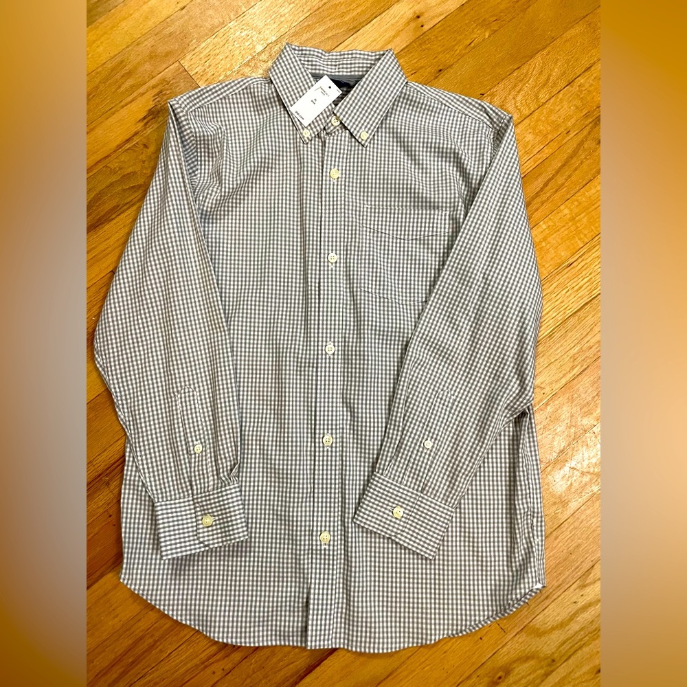 NEW Gap Boys non- iron dress shirt XL Plus gray white plaid- NWT
